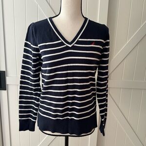 EUC Women's NAUTICA Navy and White Striped V Neck Cotton Sweater Size Small